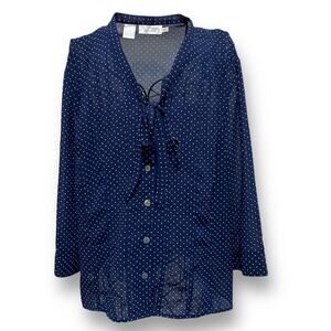 Naomi Blouse Size Extra Large Blue with Polka Dots Bow Tie Front 3/4 Sleeve Top